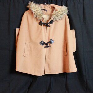 Stylish Camel Cape Coat with Faux Fur Trim